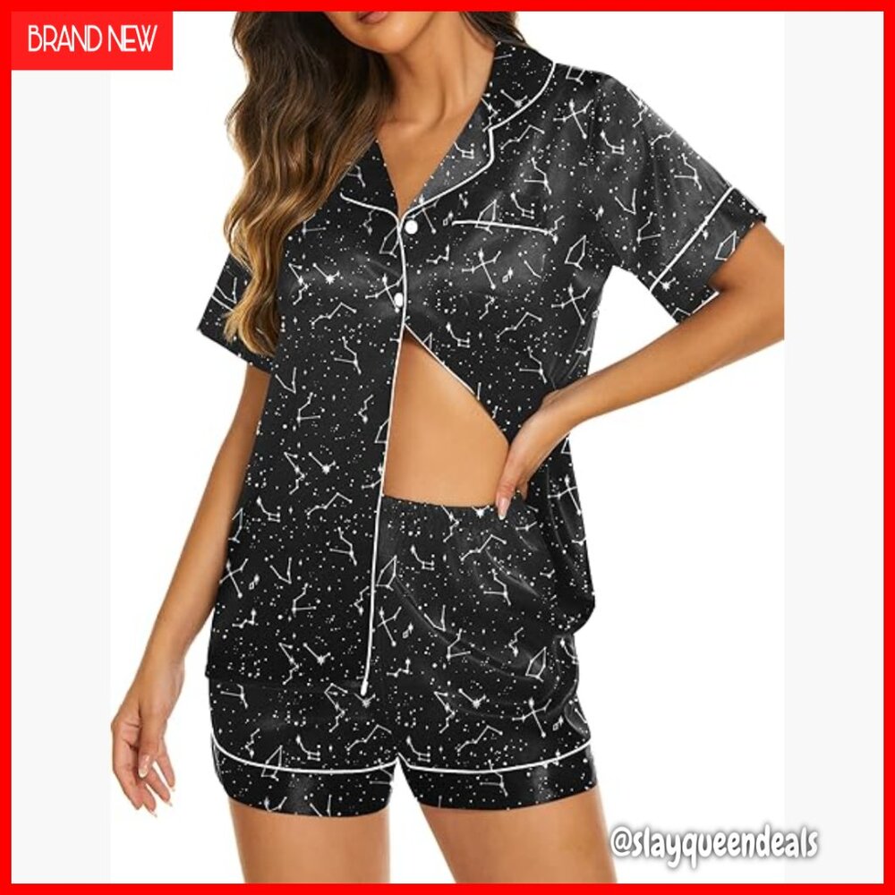Silk Satin Pajama Set Short Sleeve Button Down Lounge Sleepwear Large